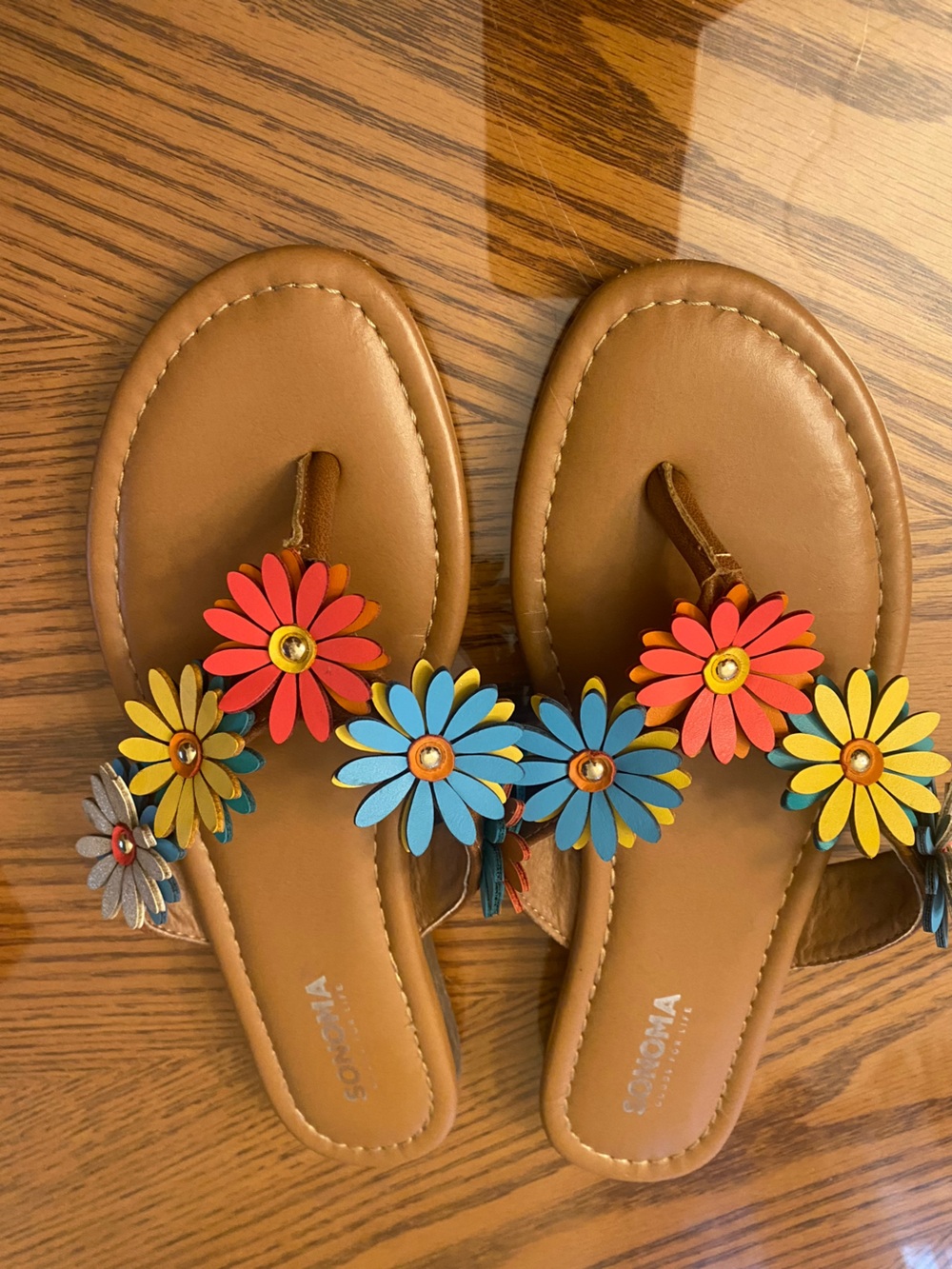 Kohl's Brown Floral Daisy Leather Slide Sandals with Multicolor Flowers